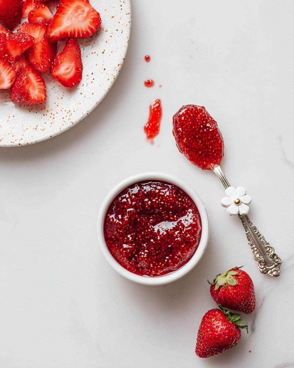 The image shows a small white bowl filled with a thick, glossy red jam full of visible chia seeds, placed on a white marbled surface. To the right of the bowl is a silver spoon decorated with a white flower at its handle, holding a small scoop of the same jam with some spilled next to it. On the left edge, a white plate with light brown specks holds several bright red sliced strawberries. Two whole strawberries with green tops are placed near the bottom right on the white marbled surface. photo taken with an iphone --ar 4:5 --v 7