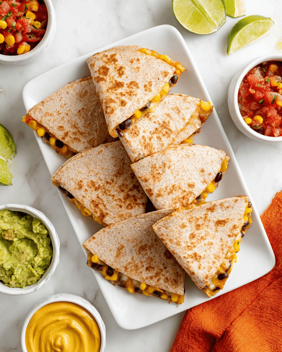 The image shows a white rectangular plate with eight triangular quesadilla pieces neatly stacked and slightly overlapping. Each quesadilla has a light brown, toasted whole wheat tortilla shell with visible grill marks. Inside, a bright yellow layer of melted cheese mixed with black beans and small bits of corn peeks out from the edges. Surrounding the plate are small white bowls containing colorful sides: one with fresh tomato salsa in red and green tones, another with creamy green guacamole, and a third with smooth yellow mustard-like sauce. Bright green lime wedges and an orange cloth napkin add pops of color on the white marbled surface underneath. Photo taken with an iphone --ar 4:5 --v 7