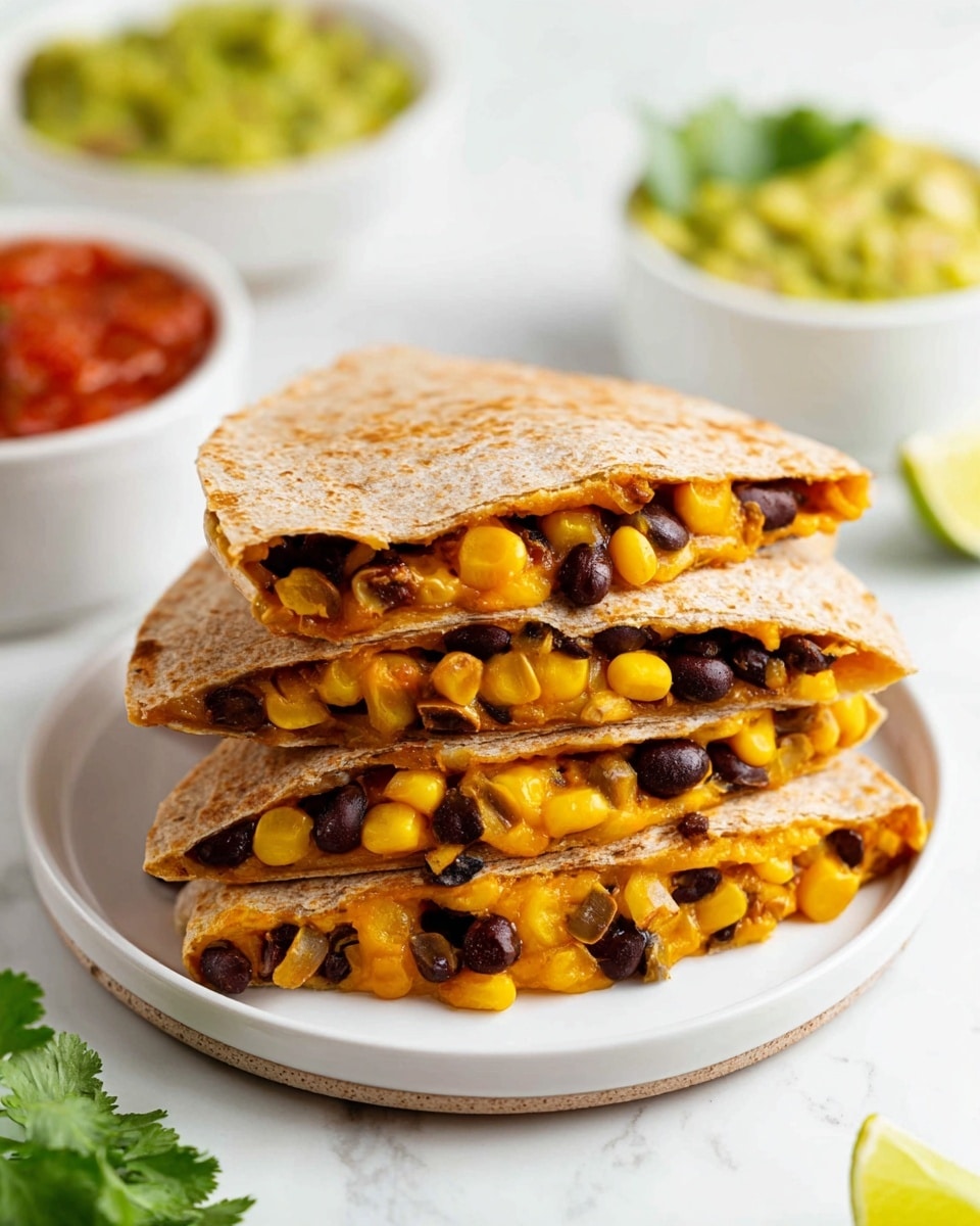 A stack of four quesadilla quarters is placed on a white plate, each quarter showing two soft, light brown whole wheat tortilla layers filled with a bright yellow melted cheese layer mixed with black beans and yellow corn kernels, along with small pieces of sautéed onion scattered throughout. The quesadilla quarters are neatly stacked, slightly overlapping each other, revealing the rich, colorful filling inside. In the blurred background, white bowls contain green guacamole and red salsa, while lime wedges and a sprig of fresh cilantro lie on a white marbled surface. photo taken with an iphone --ar 4:5 --v 7