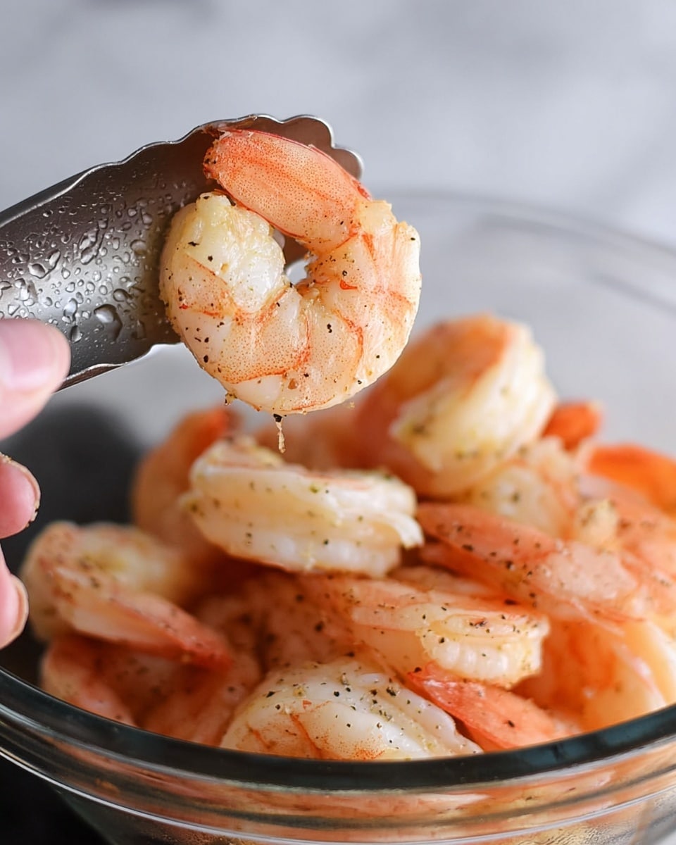 A close-up image shows several cooked shrimp with a light pink and white color, some with visible black pepper seasoning. One shrimp is held above the others by a silver metal tong with small water droplets. The shrimp appear slightly shiny from cooking, with a firm texture. They are in a clear glass bowl with a woman's hand seen at the very bottom left corner holding it. The background is a white marbled texture. photo taken with an iphone --ar 4:5 --v 7
