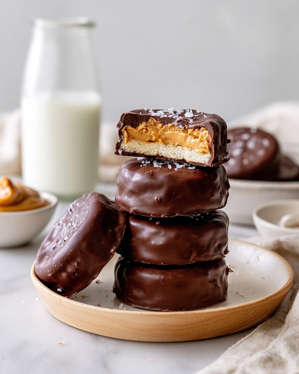 A stack of six round chocolate-covered treats is placed on a light wooden plate, each piece thickly coated with smooth, dark brown chocolate. The top piece is cut in half, showing three visible layers: a light golden-brown crunchy layer at the bottom, a middle creamy peanut butter layer with a soft texture and pale yellow color, and another light crunchy layer on top. The chocolate coating has a shiny, slightly uneven texture and is sprinkled lightly with white salt flakes. In the background, a clear glass bottle filled with creamy white milk, a white bowl with peanut butter, and a white bowl with salt are placed on a white marbled surface. Photo taken with an iphone --ar 4:5 --v 7