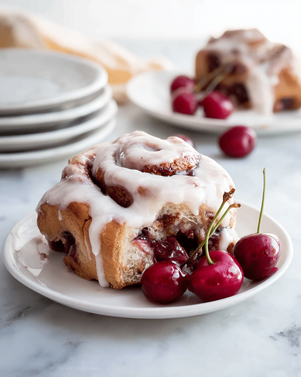 A cinnamon roll with thick white icing covering the top and melting into the swirled layers of the roll, which are golden brown with visible pockets of dark red cherry filling inside. The roll sits on a white round plate with three whole red cherries with green stems placed beside it. In the background, slightly out of focus, there is a stack of white plates with another cinnamon roll and more cherries. The whole scene is set on a white marbled surface. photo taken with an iphone --ar 4:5 --v 7