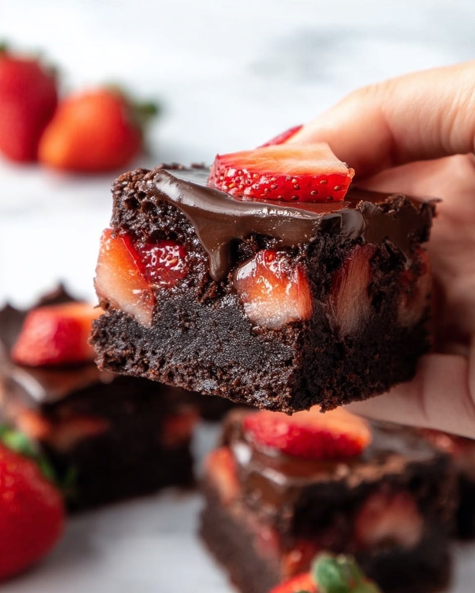 A close-up of a woman's hand holding a thick square piece of chocolate strawberry brownie with three visible layers: a dark, soft, and slightly crumbly chocolate brownie base on the bottom, a glossy layer of melted chocolate studded with fresh red strawberry pieces in the middle, and a smooth, shiny chocolate ganache layer on top. The background is a soft focus of more brownie pieces and whole strawberries on a white marbled surface. photo taken with an iphone --ar 4:5 --v 7