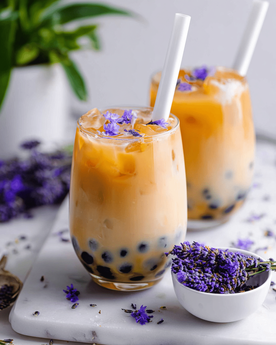 Two clear round glasses filled with three layers of an iced drink: a bottom layer of dark tapioca pearls, a middle layer of creamy light brown milk tea, and a top layer of ice cubes with small purple lavender flower petals scattered on top. Each glass has a thick white straw inserted in the middle. In the foreground, a small white bowl contains more purple lavender flowers. The setting is on a white marbled surface with some scattered lavender around, and there is a small green plant visible to the left. Photo taken with an iphone --ar 4:5 --v 7