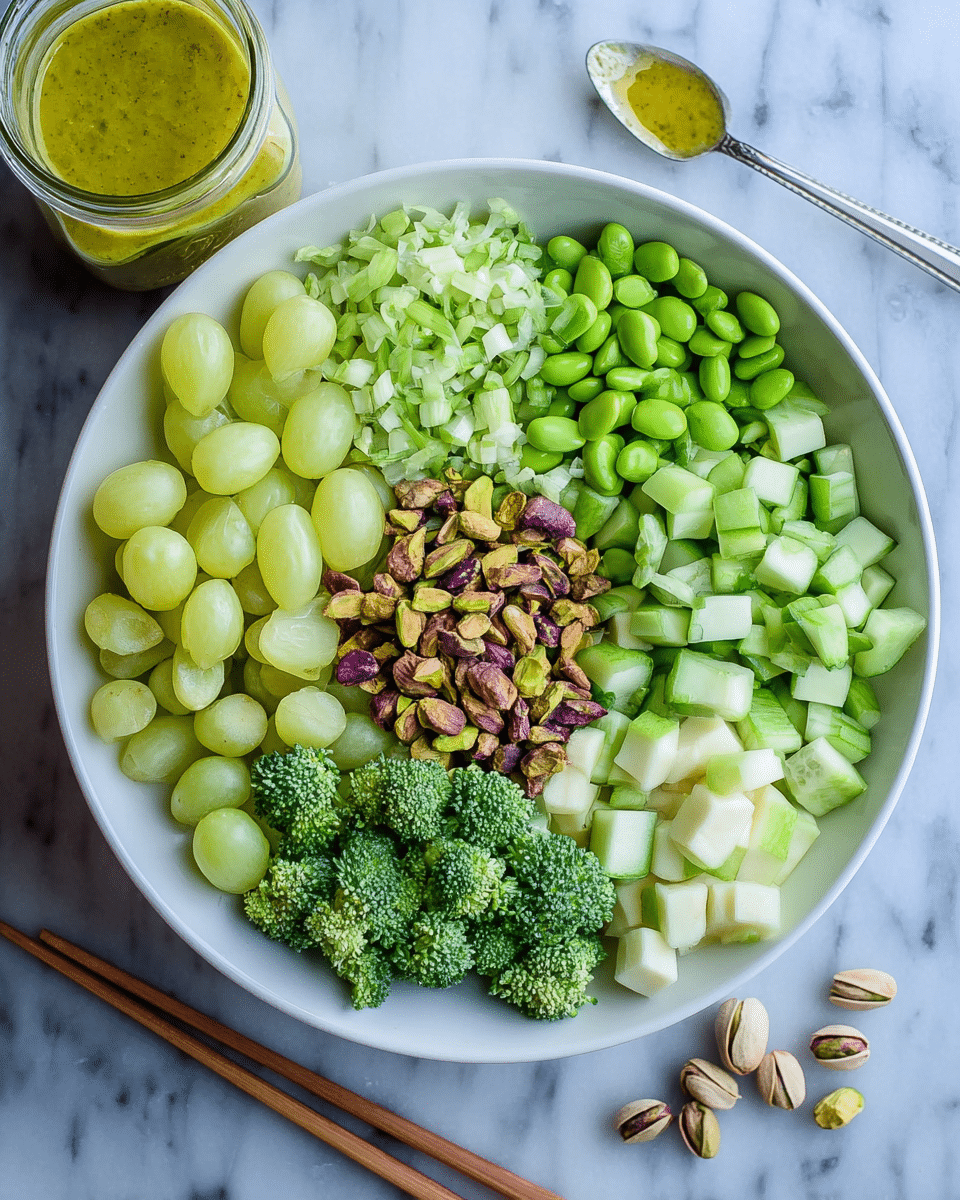 A white bowl sits on a white marbled surface filled with seven sections of fresh, green ingredients arranged in neat layers. Starting from the upper left, pale green grapes are halved, next to finely chopped green onions that have a crisp texture. To the right of the onions is a pile of bright green edamame beans. Below the edamame are cucumber pieces with green skin and white flesh. At the bottom right, small cubes of light green and white apple pieces form a layer. To their left is a cluster of fresh broccoli florets with a dense, textured look. Centered in the bowl, resting on top of the chopped green onions and broccoli, is a small pile of shelled pistachios in shades of purple and brown. A glass jar with yellow-green dressing and a spoon inside is placed near the bowl. Two wooden chopsticks lie on the white marbled surface beside the bowl. photo taken with an iphone --ar 4:5 --v 7