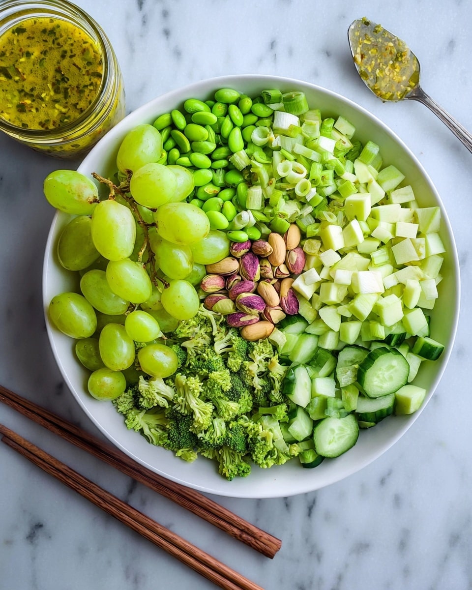 The image shows a white bowl filled with seven distinct layers of fresh green ingredients arranged in sections. Starting from the top left, there are green grapes that are whole and plump, next to them chopped green onions with a crisp texture. Beside the onions are bright green edamame beans, followed by evenly sliced cucumber pieces on the right side. Below the cucumber is another section of finely chopped light green apple cubes. To their left, small broccoli florets add texture, and in the center of the bowl sits a small pile of whole pistachios with purple shells. The bowl is placed on a white marbled surface with a glass jar of yellow-green dressing with herb bits and a spoon on the top right, and two wooden chopsticks resting below the bowl. Photo taken with an iphone --ar 4:5 --v 7