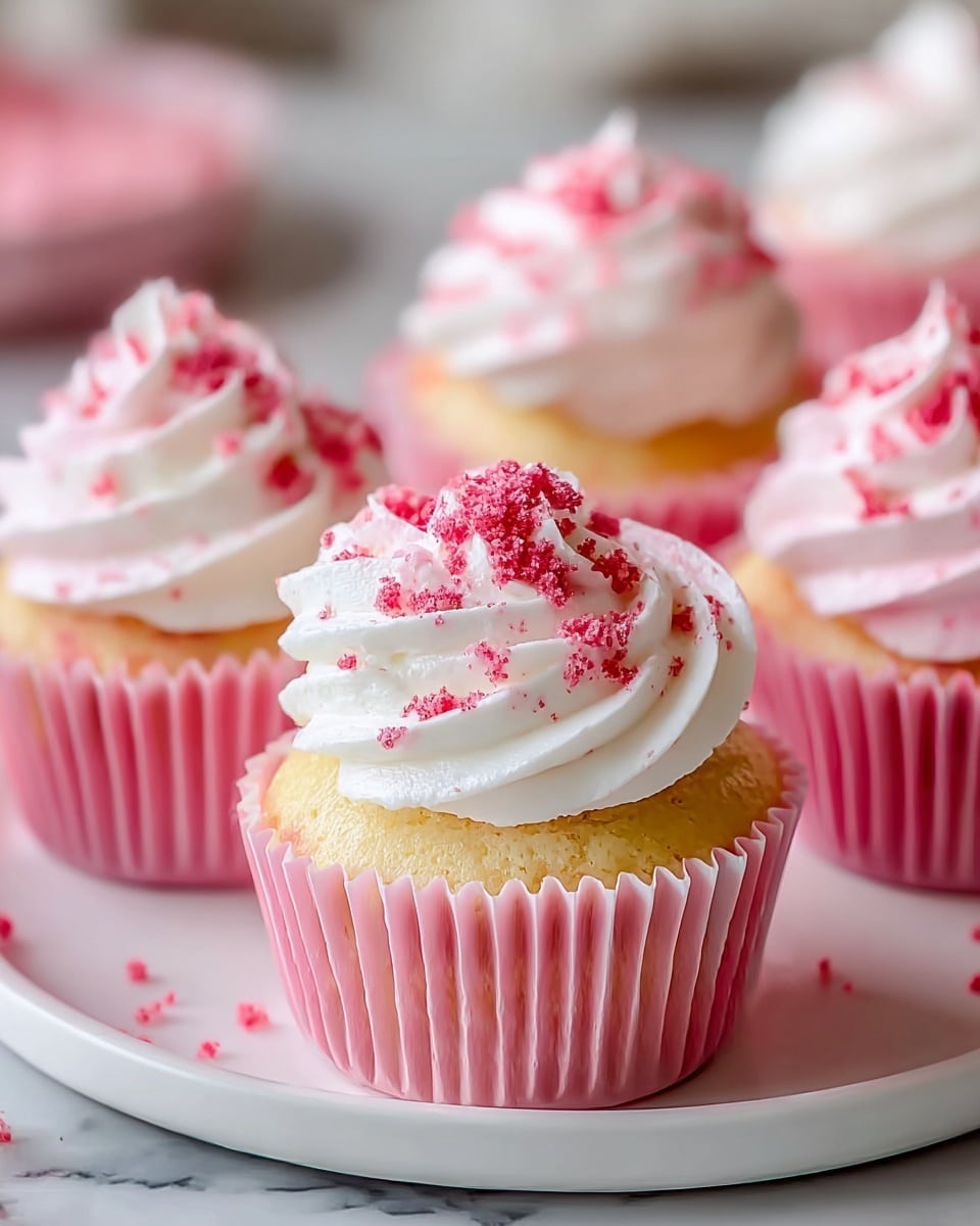 The image shows several pink cupcakes on a white plate, all with one visible cake layer at the bottom, soft and light yellow in color. Each cupcake is wrapped in a pink paper liner with a soft texture. On top of the cake layer is a thick swirl of white frosting, smooth and creamy, forming one large peak per cupcake. Small red crumb sprinkles are scattered over the frosting, adding a textured look and contrasting color. The cupcakes sit on a white marbled surface, and the background is softly blurred, keeping the focus on the front cupcake. photo taken with an iphone --ar 4:5 --v 7