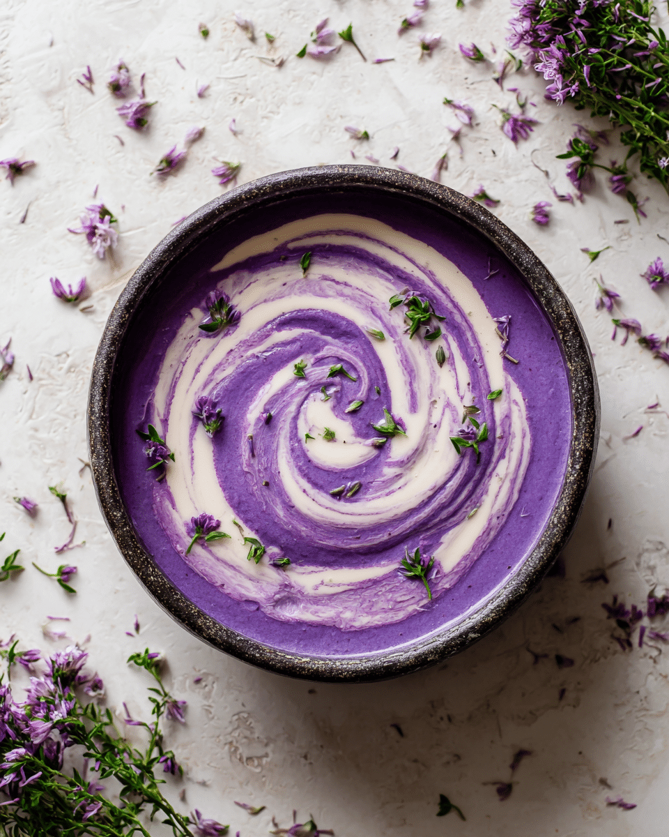 A bowl contains a creamy purple soup with a smooth texture, swirled with a creamy white layer forming a spiral pattern from the center outward. The purple base fills most of the bowl, with the white swirl creating contrast and a sense of movement. Small green herb leaves and tiny purple flower petals are sprinkled on top, adding delicate color details. The bowl is dark and rustic, set on a white marbled textured surface scattered with more tiny purple flowers and green herb sprigs around it. photo taken with an iphone --ar 4:5 --v 7