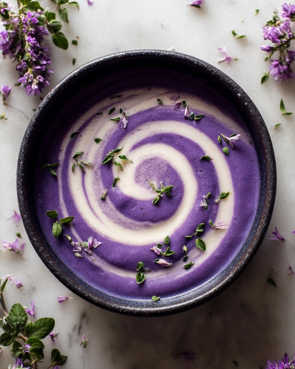 A dark-colored bowl holds a smooth, creamy soup with two main layers. The base layer is a rich purple color, filling the bowl completely, while a creamy white layer is swirled on top in a spiral pattern starting from the center. The surface of the soup is garnished with small green leaves and tiny light purple flower petals scattered mostly near the edges. The bowl sits on a white marbled surface, and additional small purple flowers and green leaves are scattered around the bowl. photo taken with an iphone --ar 4:5 --v 7
