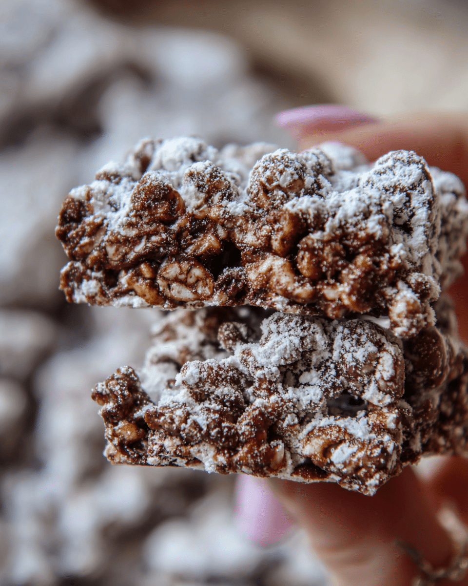 A close-up of a rough-textured chocolate cluster bar covered in a thin layer of white powder, showing two uneven layers: a dense, bumpy dark brown chocolate and crispy cereal mix base, and the same mixture continuing on top but with more powder coating, held by a woman's hand with a hint of pink nails. The powdered coating gives a dusty white effect over the darker crunchy chocolate cereal clusters. The background is softly blurred with more of the same clusters and a white marbled texture. photo taken with an iphone --ar 4:5 --v 7