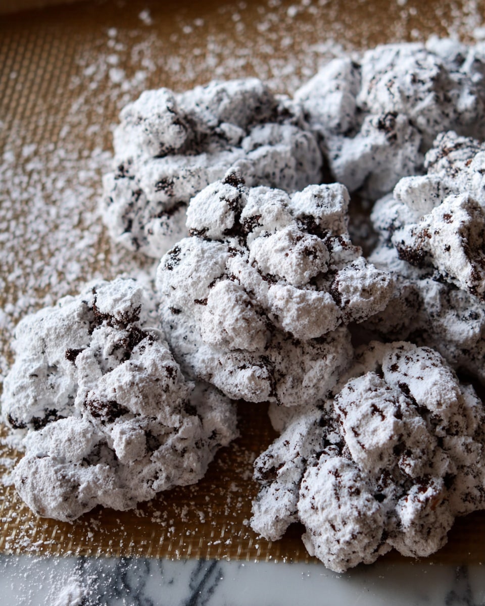 The image shows several clusters of small, unevenly shaped treats covered heavily with powdered sugar, giving them a white, snow-dusted appearance. The clusters have a rough, lumpy texture with visible dark chocolate or cocoa bits beneath the white powder. They are placed close together on a baking mat, which sits on a white marbled surface, and a few powdered sugar specks are scattered around. Photo taken with an iphone --ar 4:5 --v 7