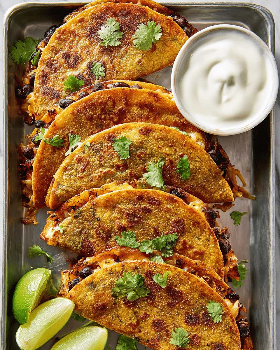A stack of golden brown quesadillas, each folded in half to show a crispy tortilla outer layer with a rough texture and slightly charred edges. Inside, there is a dark filling of black beans mixed with a melted cheese that oozes slightly at the edges, creating a crunchy cheese crust around the sides. The quesadillas are arranged closely on a silver tray with some small green cilantro leaves scattered on top for color. On the left side, a woman's hand is dipping a quesadilla corner into a smooth, creamy white sauce inside a white bowl. A wedge of lime sits next to the bowl on a white marbled surface. photo taken with an iphone --ar 4:5 --v 7