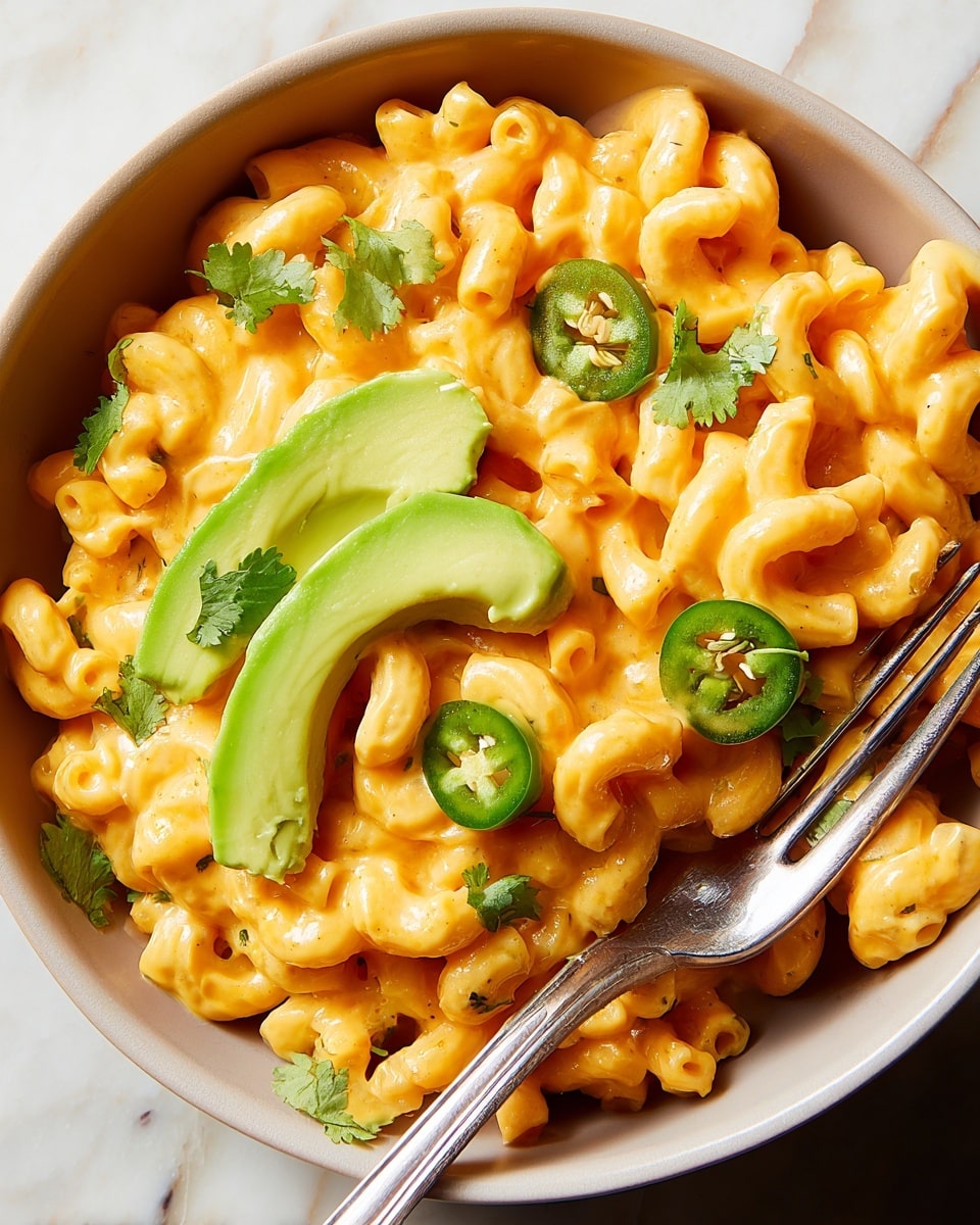 This image shows a close-up of creamy macaroni pasta coated in a smooth, orange cheese sauce filling most of a white bowl with a slight ridge. On top, there are two green slices of avocado placed side by side near the center, along with thin green jalapeño slices scattered around. Small fresh green cilantro leaves are sprinkled over the dish adding a touch of bright color. A silver fork is partly inserted into the pasta on the right side of the bowl, resting against the edge. The bowl sits on a white marbled textured surface. Photo taken with an iphone --ar 4:5 --v 7