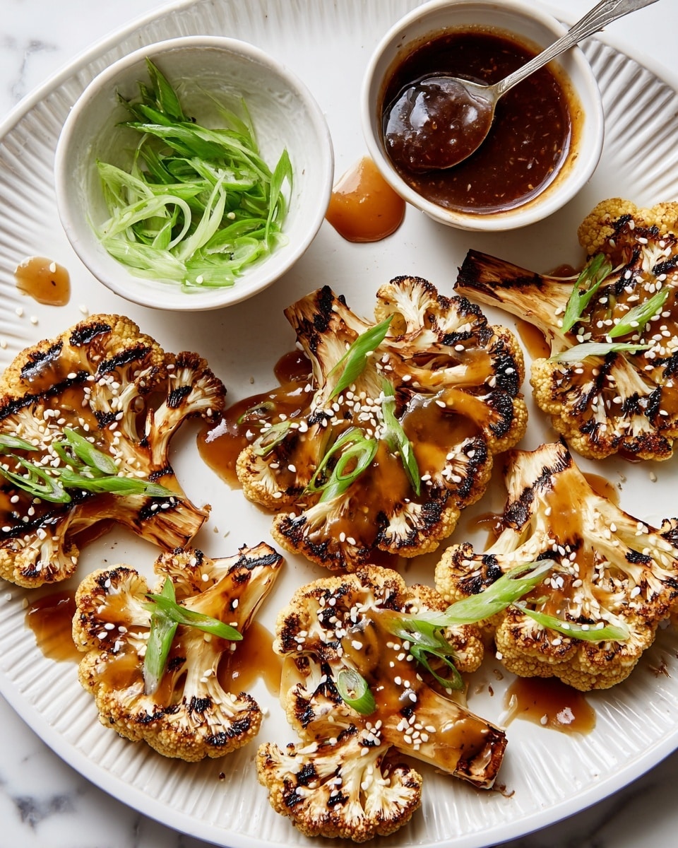 The image shows two thick slices of grilled cauliflower placed side by side on a white plate with a shiny brown sauce drizzled over each slice. The cauliflower has light golden brown edges with some charring giving a slightly crisp texture. Small white sesame seeds scatter lightly over the sauce and cauliflower. Bright green, sliced scallions are sprinkled on top and around the plate, adding a fresh contrast. A silver fork is on the plate, holding a small piece of cauliflower. The plate is set on a white marbled surface. Photo taken with an iphone --ar 4:5 --v 7