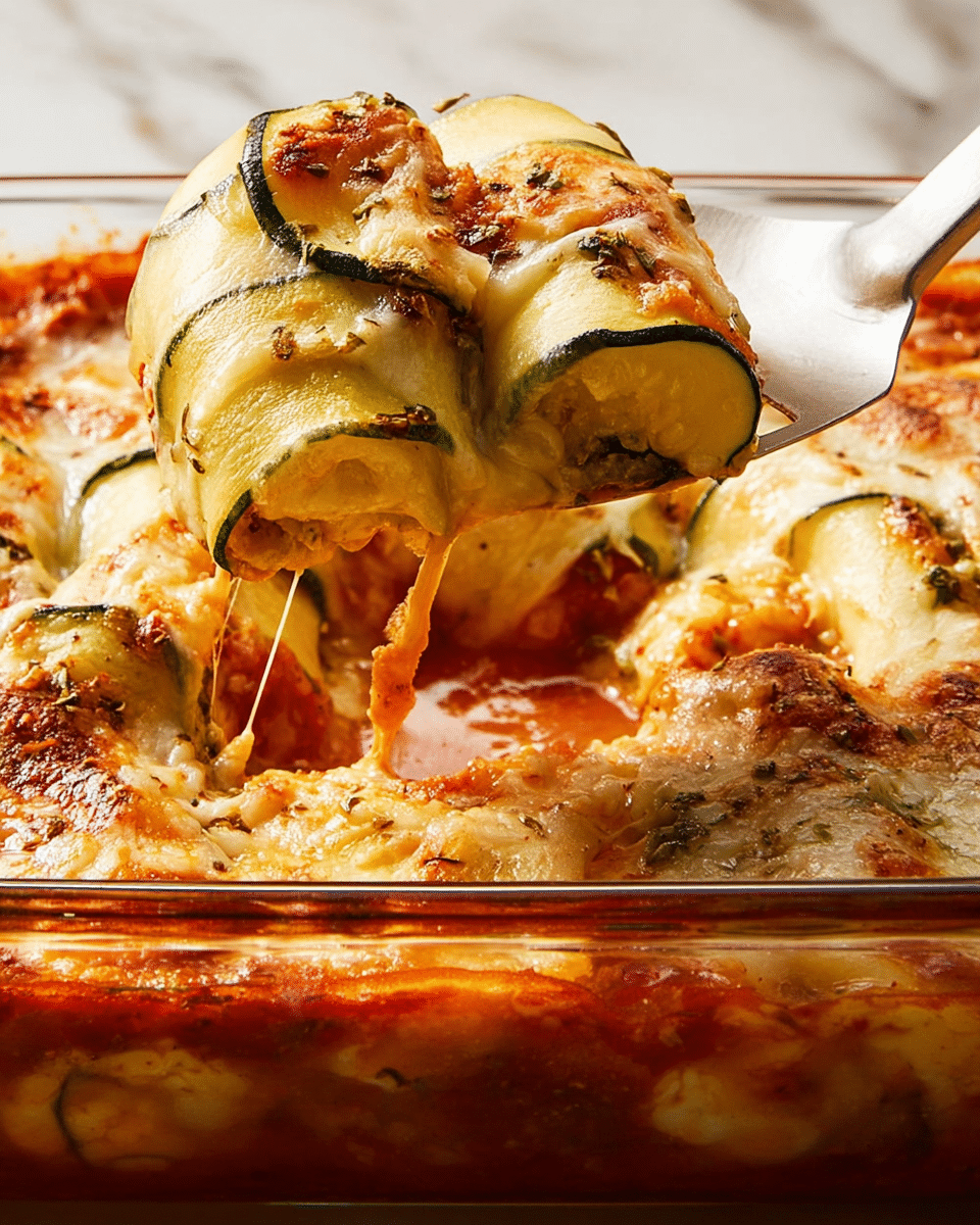 The image shows a glass baking dish filled with zucchini roll-ups layered neatly on top of a red tomato sauce base. The zucchini ribbons are rolled with a creamy ricotta cheese filling and are golden brown and slightly crispy on top, with some melted cheese strands stretching as one roll-up is lifted by a silver spatula. Each roll is round and arranged closely together covering the entire dish. The background is a white marbled texture. Photo taken with an iphone --ar 4:5 --v 7