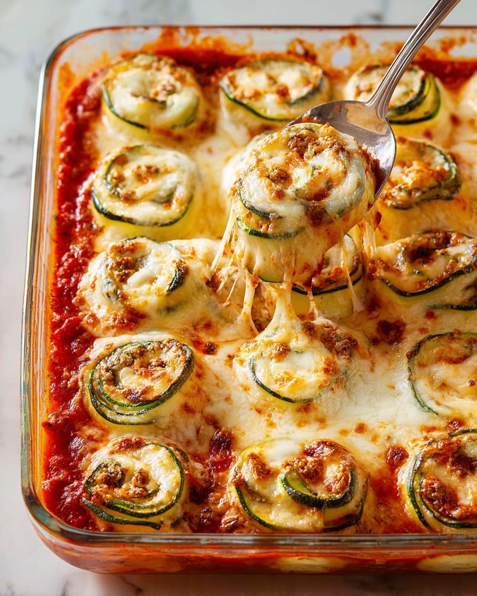 A glass baking dish filled with a creamy baked dish featuring rolled zucchini slices as the top layer, showing a light green and dark green skin texture curling with melted, golden-brown cheese on top. The zucchini rolls sit in a rich, slightly bubbly orange-red sauce with visible herbs mixed in. The bottom layer shows more pieces of zucchini immersed in the sauce, partially covered with melted cheese that has browned spots. A silver spatula lifts one zucchini roll, displaying stringy, melted white cheese stretching from the dish. The dish is placed on a white marbled surface. photo taken with an iphone --ar 4:5 --v 7