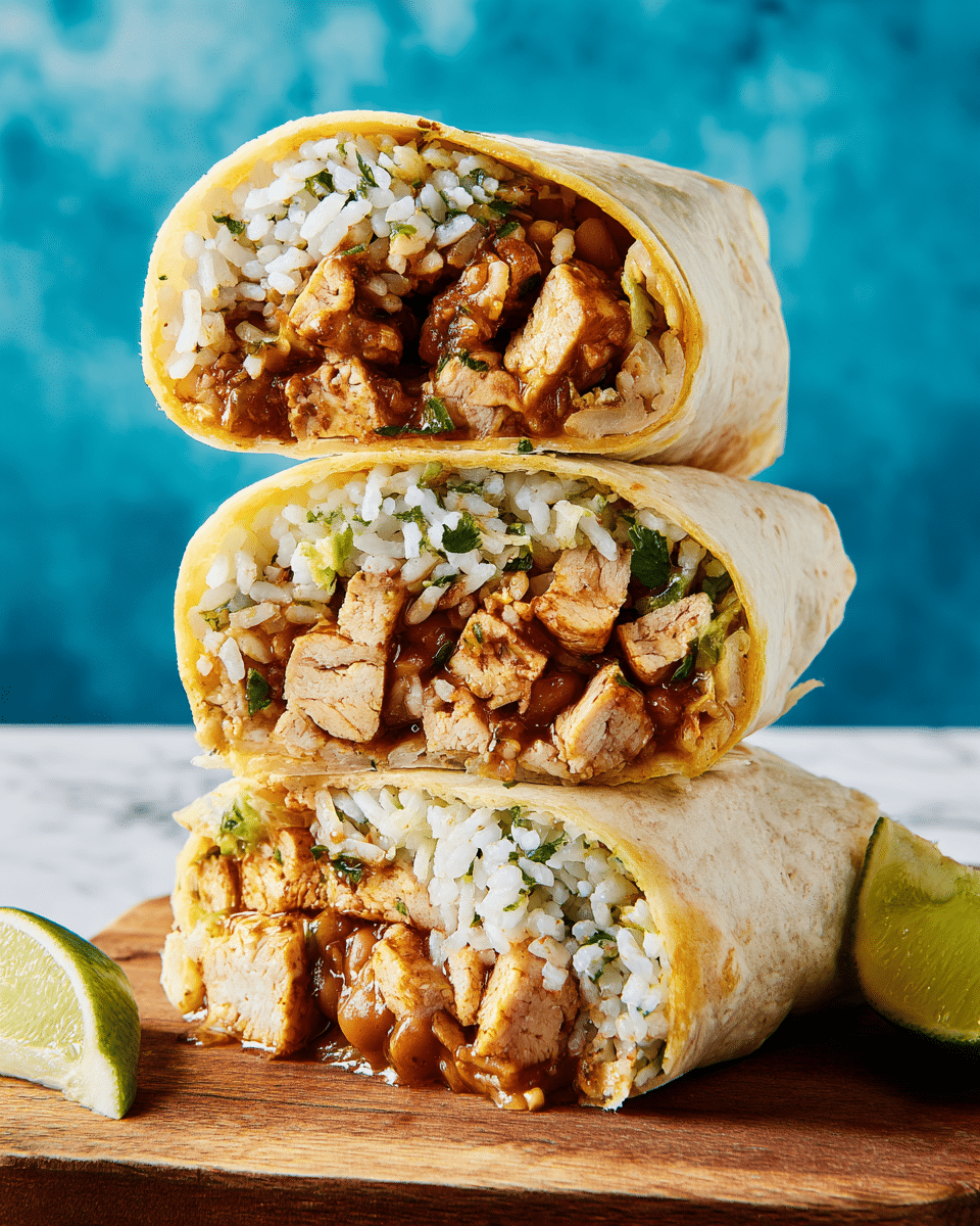 A stack of three cut halves of a tortilla wrap is shown on a wooden board with a white marbled texture below. Each wrap is filled with four visible layers: a soft, light yellow tortilla exterior, a layer of white rice mixed with small green herbs, a layer of brown beans, and large chunks of golden-brown grilled tofu piece showing a slightly crispy texture. The layers are neatly packed and visible from the cut sides. A small lime wedge is placed beside the stack, adding a fresh green accent. The background is bright blue, making the food stand out clearly. Photo taken with an iphone --ar 4:5 --v 7