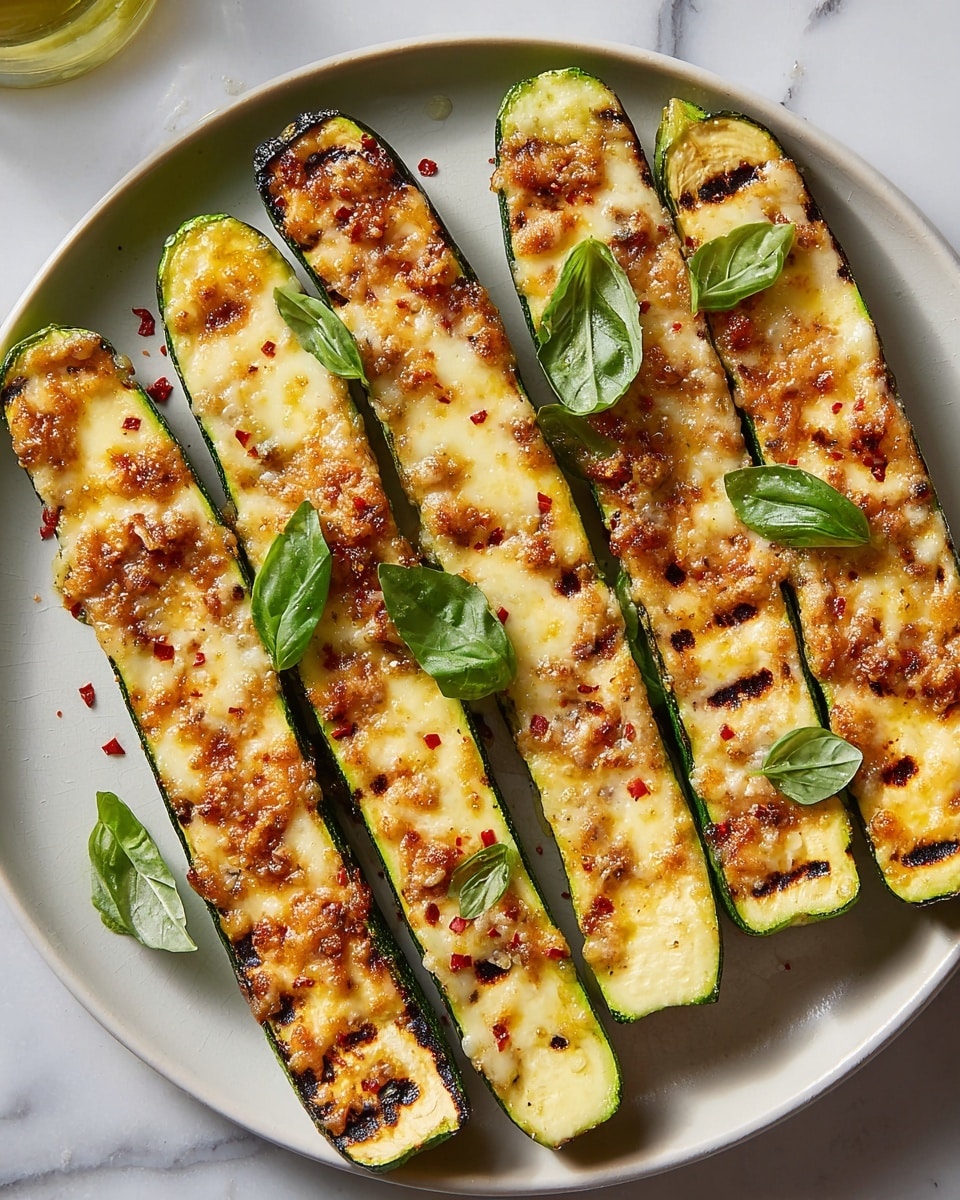 Six long zucchini halves are arranged on a large white plate. Each zucchini is sliced lengthwise, with the inner flesh scored in a diamond pattern, topped with a golden, melted cheese layer that is slightly browned and bubbly. Small red chili flakes are sprinkled on the cheese, adding contrast. Fresh bright green basil leaves are scattered on top of the zucchini halves, adding a fresh color pop. The plate is set on a white marbled surface and a bit of olive oil glistens around the zucchini. The overall look is warm, cheesy, and inviting. photo taken with an iphone --ar 4:5 --v 7