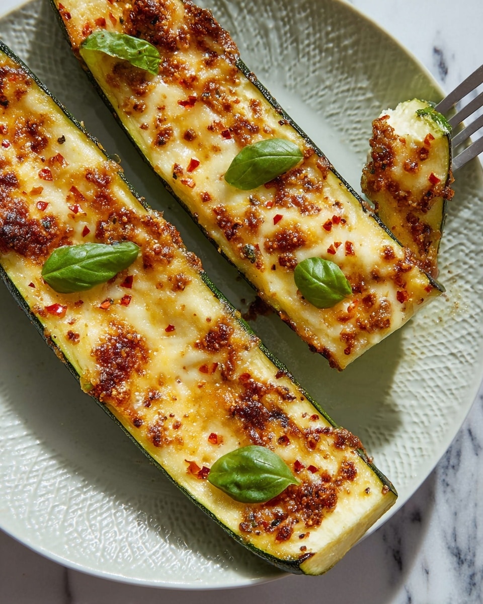 The image shows two long zucchini boats on a white plate with a subtle textured pattern. Each zucchini is split lengthwise, hollowed out, and filled with a golden layer of melted, slightly browned cheese mixed with small bits of seasoning and spices scattered on top. Bright green fresh basil leaves are placed as garnish on the melted cheese. One zucchini boat is partially cut, with a piece lifted by a fork revealing melted, stretchy cheese inside. The background is a white marbled texture. Photo taken with an iphone --ar 4:5 --v 7