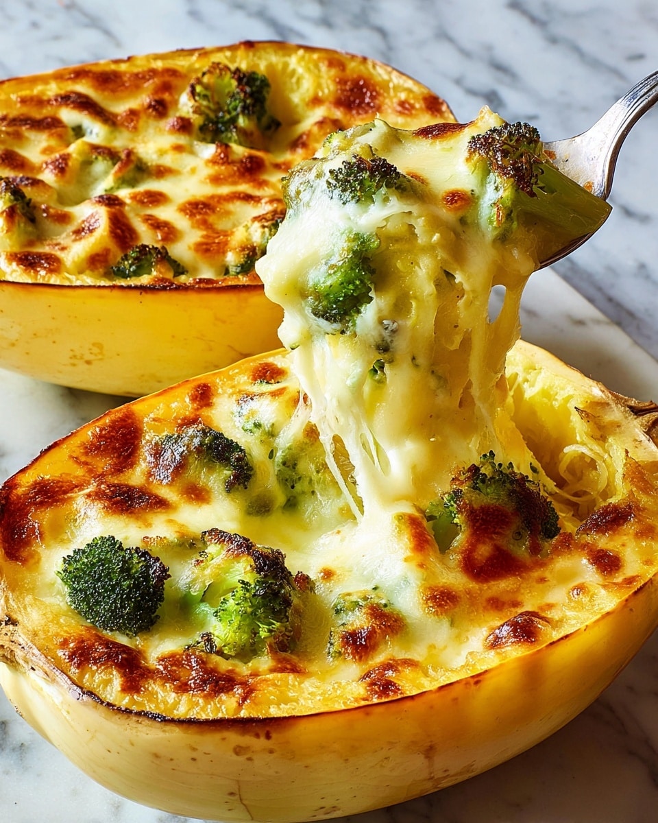 Two halves of a baked spaghetti squash sit on a silver tray, each filled with a golden layer of melted cheese that is bubbly and browned in spots. Inside the cheese are bright green broccoli florets, slightly roasted with a soft texture. A spoon lifts a piece from the front half, showing gooey strings of melted cheese stretching from the squash to the spoon. The squash's pale yellow flesh is soft and slightly textured, visible beneath the cheese layers. The setting is on a white marbled surface. photo taken with an iphone --ar 4:5 --v 7