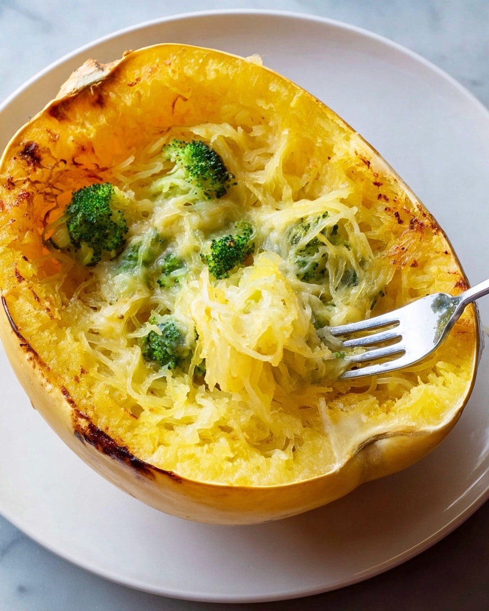 A white plate holds a hollowed-out spaghetti squash that is cooked and split in half, showing three main layers: the top layer is golden yellow with light browning at the edges, the middle layer contains small pieces of green broccoli mixed with melted, slightly browned cheese, and the bottom layer is soft, shredded pale yellow squash strands. A metal fork is stuck into the squash near the middle layer, pulling up some of the shredded strands. The background is a white marbled texture. Photo taken with an iphone --ar 4:5 --v 7