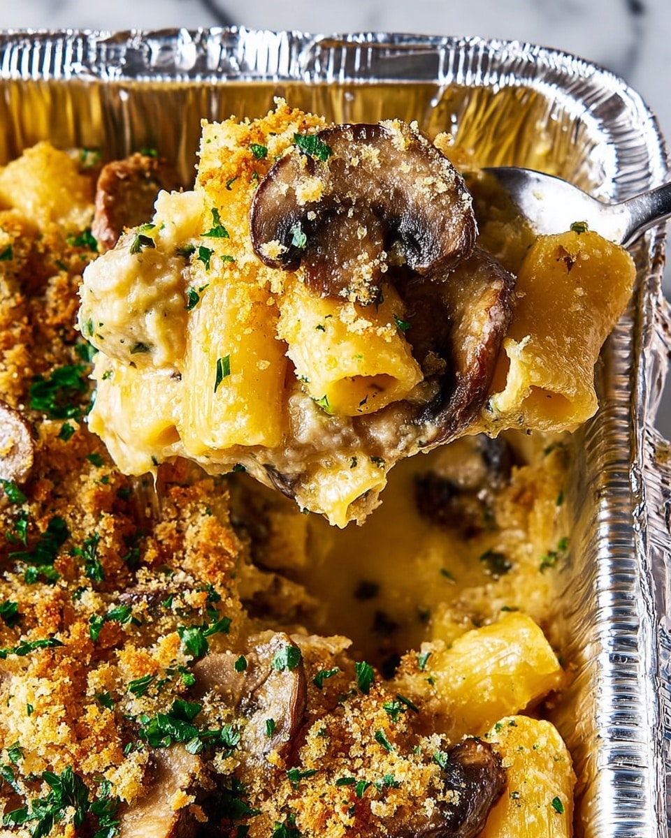 The close-up shows a baked pasta dish in a silver foil container, with two layers visible: a bottom layer of creamy, melted cheese in a light yellow color, and a top layer covered with golden-brown, crispy breadcrumbs mixed with cooked mushroom slices that have a soft texture and slightly browned edges, sprinkled with small pieces of green herbs. A silver fork lifts a portion of the pasta, showing the thick and gooey cheese stretching within the pasta pieces on a white marbled surface. photo taken with an iphone --ar 4:5 --v 7