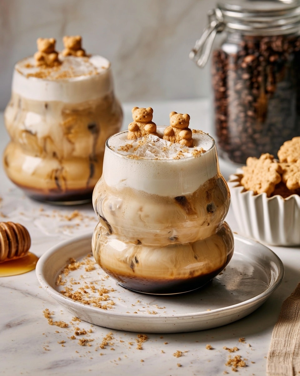 Two clear glass cups with a unique, rounded shape show iced coffee drinks with three visible layers: a dark brown coffee layer at the bottom, a creamy light tan middle layer with ice, and a frothy white layer on top. The top is sprinkled with small teddy bear-shaped cookies and cookie crumbs. One cup is placed on a white plate with a honey dipper resting on it, set on a white marbled surface. Nearby, a jar full of coffee beans and a small white scalloped bowl with more teddy bear cookies add to the cozy setting. Photo taken with an iphone --ar 4:5 --v 7