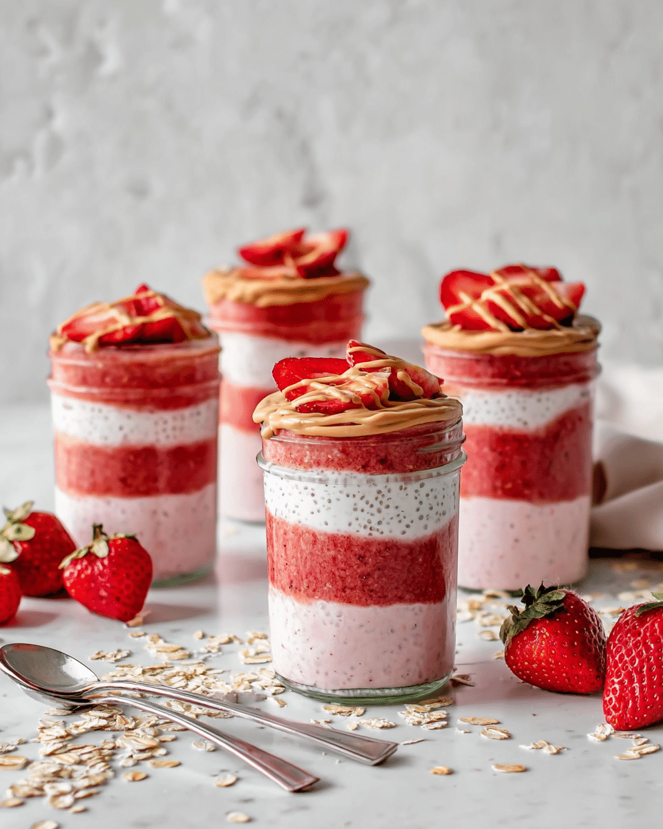 The image shows five clear glass jars filled with three visible layers: a white creamy base, a thick red strawberry layer in the middle, and a light pink creamy layer mixed with chia seeds on top. Each jar is garnished with sliced fresh strawberries drizzled with a smooth, light brown sauce. The jars are placed on a white marbled surface scattered with whole and cut strawberries along with some oats. There are two silver spoons in the foreground near the strawberries. The background is a soft white marbled wall, giving the scene a fresh and clean look. Photo taken with an iphone --ar 4:5 --v 7