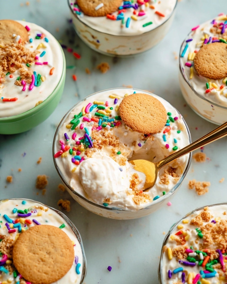 The image shows several small glass bowls filled with a creamy white dessert that has a smooth texture. Each bowl is topped with colorful sprinkles scattered on the surface, adding bright red, green, blue, yellow, orange, purple, and white colors. On some bowls, small round golden-brown cookies are placed on top, while one bowl has crumbled cookie pieces mixed in with the creamy dessert. A gold spoon is scooping a portion from one bowl, showing the creamy texture beneath the sprinkles and crumbs. The bowls are placed on a white marbled surface. Photo taken with an iphone --ar 4:5 --v 7