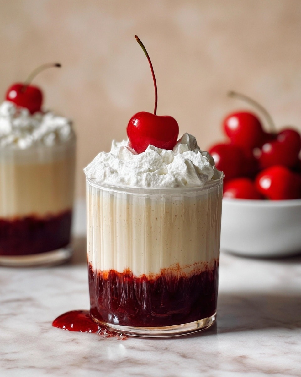 The image shows a glass with three visible layers standing on a white marbled surface. The bottom layer is a thick, dark red cherry sauce, unevenly spread around the base. Above that, there is a smooth, light beige creamy layer filling most of the glass with a slightly shiny texture. Topping the glass is a thick, fluffy white whipped cream layer that looks soft and airy, crowned with a single bright red cherry with its stem standing upright. In the background, another similar glass is blurred, along with a white bowl full of shiny red cherries, all set against a soft beige backdrop. photo taken with an iphone --ar 4:5 --v 7