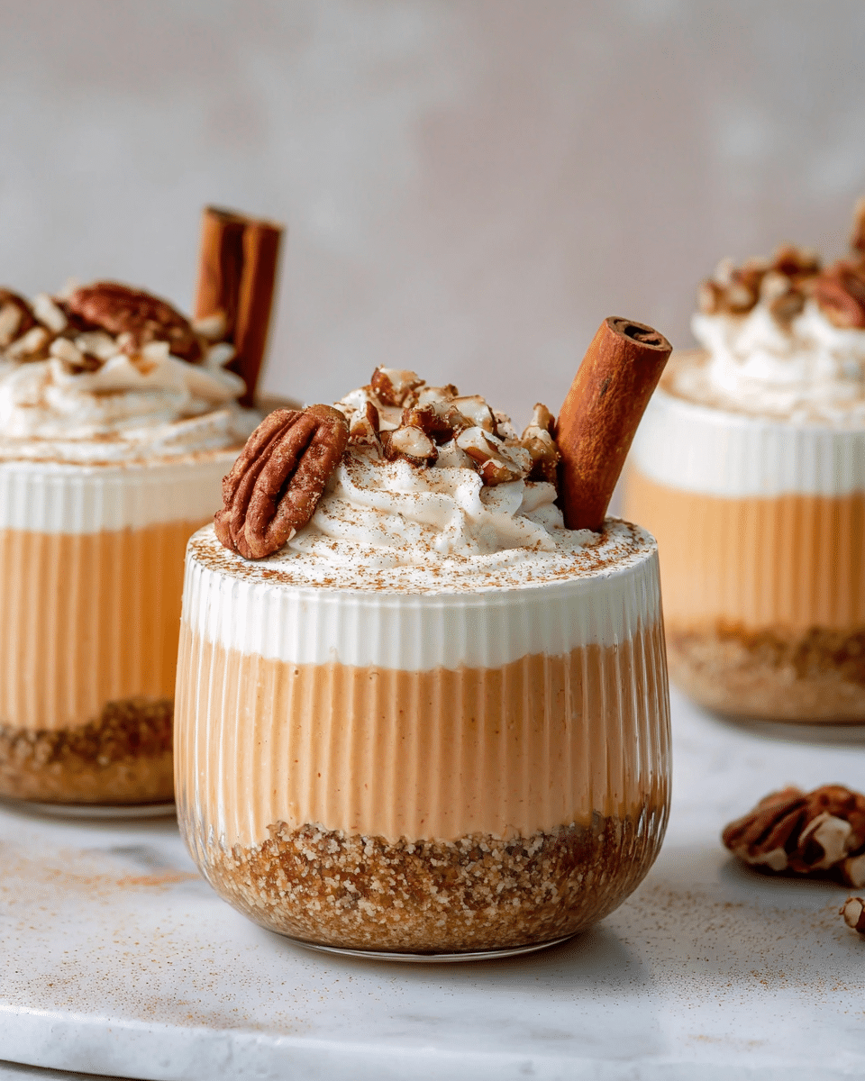 This image shows three round glass cups with ridged sides, each filled with three layers. The bottom layer is a light brown crumbly crust, the middle layer is a smooth creamy peach color, and the top layer is white whipped cream sprinkled with light brown cinnamon powder. Each cup is garnished with broken pecans and a whole cinnamon stick standing upright. The cups are placed on a white marbled surface with a soft blurred background. photo taken with an iphone --ar 4:5 --v 7