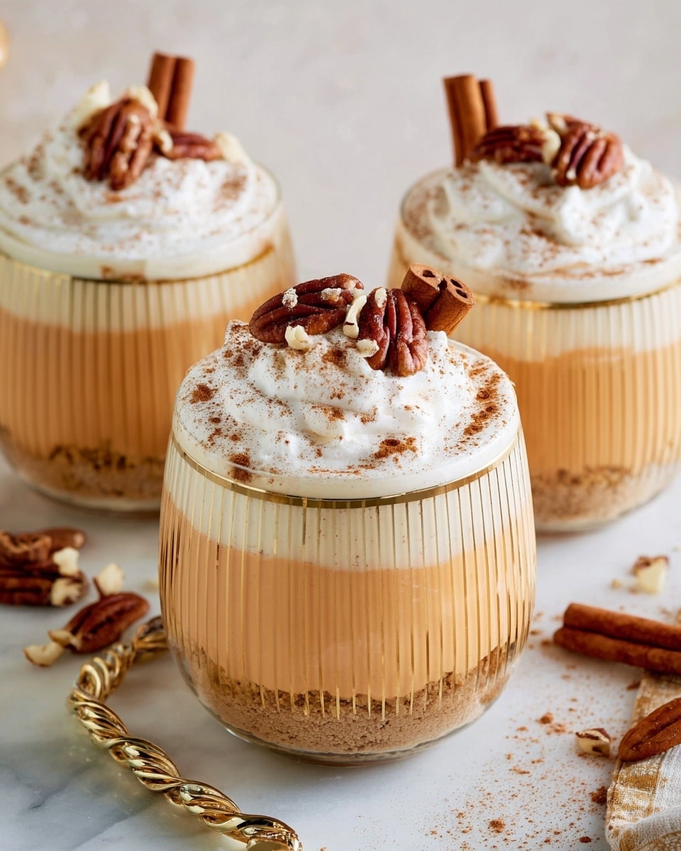Three round clear glasses with a gold rim and vertical ridges show a layered dessert. The bottom layer is a light brown crumb base, the middle layer is a smooth, pale orange cream, and the top layer is a thick white whipped cream sprinkled with brown cinnamon powder. Each glass is decorated with a cinnamon stick and chopped pecans on top. The glasses sit on a white marbled surface with a twisted gold metal handle nearby, and some loose pecans and cinnamon sticks are scattered around. photo taken with an iphone --ar 4:5 --v 7