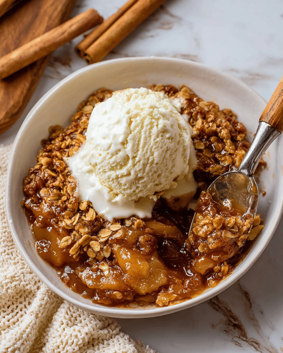 A white bowl filled with three layers: the bottom layer is a soft, golden brown apple crisp with chunks of caramelized apples and a crunchy oat and nut topping, the middle layer is a thick, glossy caramel sauce coating the apple crisp, and the top layer is a large, slightly melting scoop of creamy white vanilla ice cream placed in the center. A wooden-handled metal spoon is scooping some of the apple crisp mixed with melting ice cream from the right side of the bowl. The bowl is set on a white marbled surface with two cinnamon sticks and a cream-colored knit cloth nearby. Photo taken with an iphone --ar 4:5 --v 7