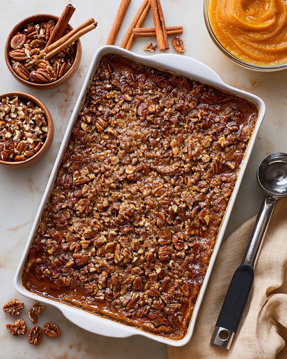 A rectangular white baking dish filled with a baked dessert topped with a thick, even layer of chopped pecans that are golden brown and slightly glossy from a syrupy glaze, creating a rough, crunchy texture on top. The dish is placed on a white marbled surface next to a small bowl filled with additional chopped pecans, three cinnamon sticks, a metal ice cream scoop with a black handle, and a separate bowl containing smooth, bright orange pumpkin puree. A soft, cream-colored cloth is partially visible in the corner. The colors mainly range from warm browns and golden hues on the dessert and nuts, contrasting with the white dish and surface. photo taken with an iphone --ar 4:5 --v 7