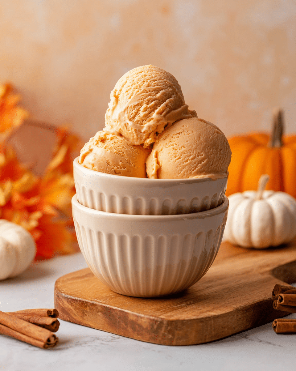 The image shows three scoops of light orange ice cream with a smooth and slightly creamy texture, placed inside a white ceramic bowl that is stacked on another empty white ceramic bowl, both having vertical ridges. The bowls rest on a wooden cutting board on a white marbled surface. Around the bowls, there are small white and orange pumpkins and two cinnamon sticks lying in front, adding a fall theme. The background is blurred with warm beige tones. Photo taken with an iphone --ar 4:5 --v 7