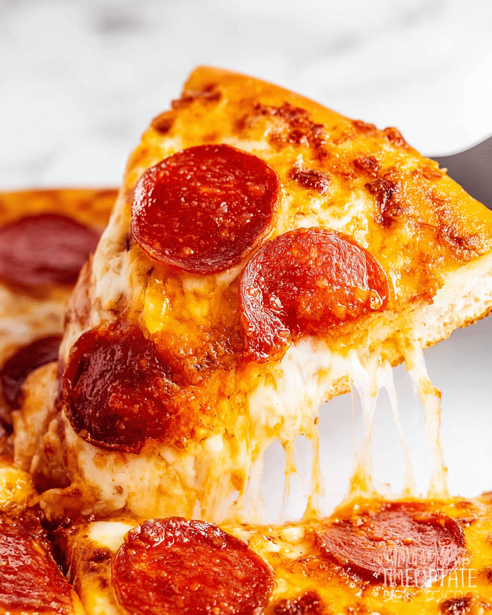A close-up of a slice of pepperoni pizza being lifted from a whole pizza, showing three bright red pepperoni slices on a golden-brown melted cheese layer with slight bubbly texture; below the cheese is a layer of stretchy, gooey white mozzarella cheese pulling away, resting on a thin, light golden crust with slight crisp edges; the whole pizza underneath also has visible pepperoni; the image is set against a white marbled texture background. photo taken with an iphone --ar 4:5 --v 7
