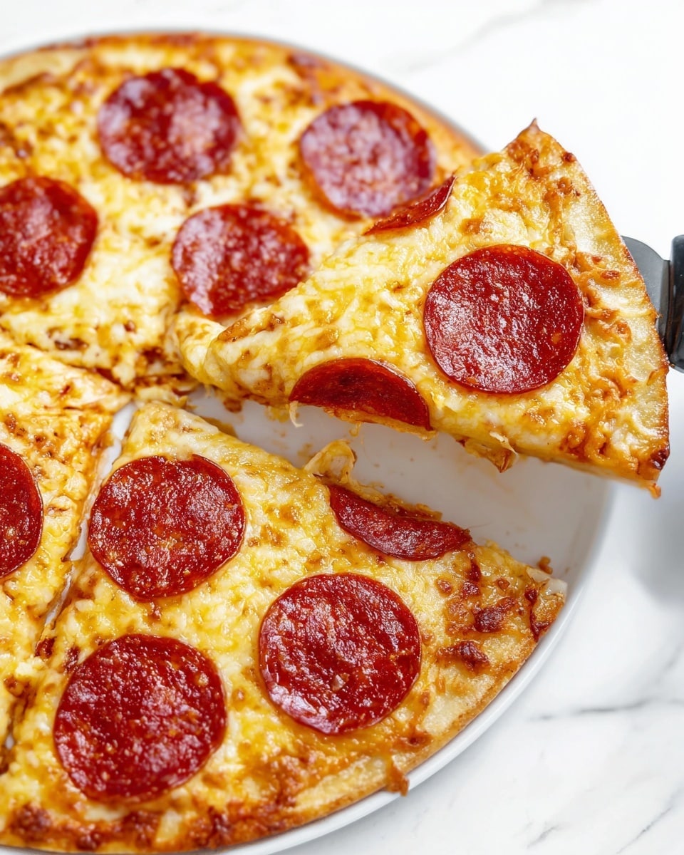 A close-up of a pepperoni pizza on a white plate, showing one slice being lifted by a woman's hand holding a pizza server. The pizza has a thin, golden-brown crust base with a layer of melted, bubbly yellow cheese covering it. On top, there are evenly spaced round, reddish-brown pepperoni slices with slightly shiny, oily surfaces. The pizza slice being lifted reveals the gooey, stretchy cheese connecting it to the rest of the pizza, with some crispy edges around the crust. The background is a white marbled texture. photo taken with an iphone --ar 4:5 --v 7