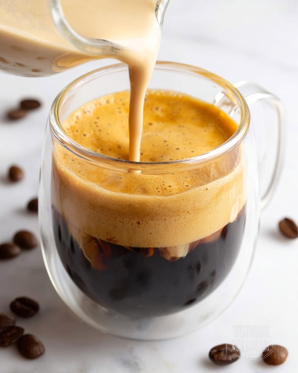 A clear double-walled glass cup holds a dark black coffee layer at the bottom with a thick, foamy light brown crema layer on top. A creamy off-white liquid is being poured into the cup from a small glass pitcher above, swirling with the coffee below and mixing into a light tan color near the bottom. Dark brown coffee beans are scattered around the cup on a white marbled surface. The image shows the cup close-up, capturing the smooth, creamy textures and the contrast between the dark and light layers. Photo taken with an iphone --ar 4:5 --v 7