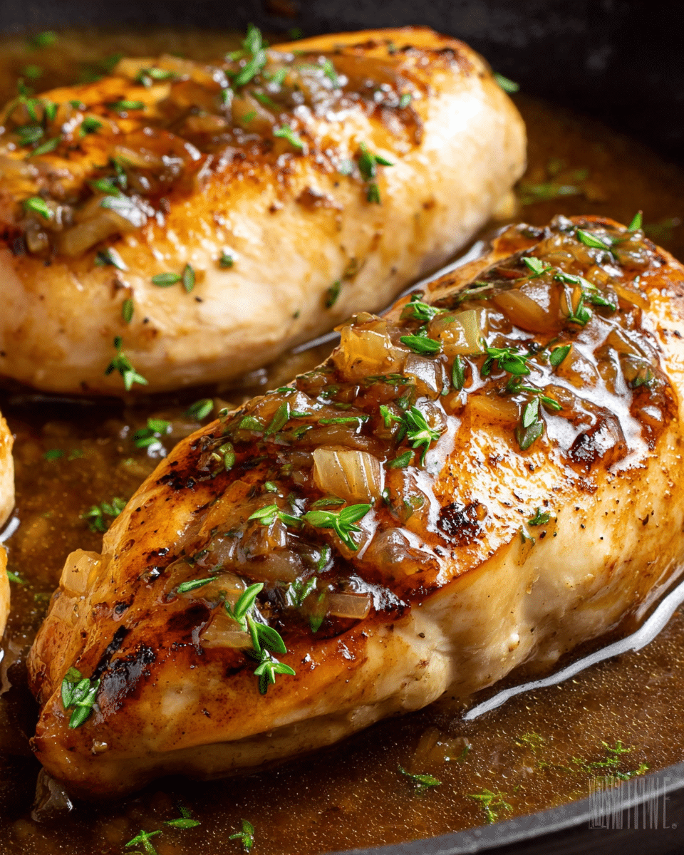 The image shows two cooked chicken breasts in a pan covered with a brown sauce that has small pieces of cooked onion and fresh green herbs scattered on top. The chicken breasts are golden brown with visible grill marks and shiny from the sauce. The sauce pools around the chicken, giving a wet and glossy look. The pan has a dark color and the chicken takes up most of the space in the frame. photo taken with an iphone --ar 4:5 --v 7