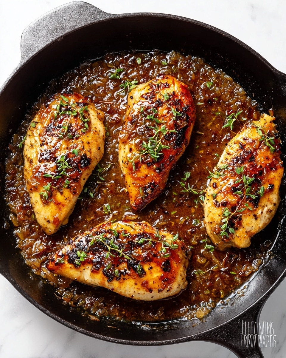 A black cast iron skillet contains four golden-brown chicken breasts with a crispy, slightly charred surface. The chicken is covered with a glossy sauce made from finely chopped onions and herbs, spreading throughout the bottom of the skillet in a rich, dark brown layer textured with bits of cooked onions and small green herb leaves. The skillet sits on a white marbled textured surface. Photo taken with an iphone --ar 4:5 --v 7