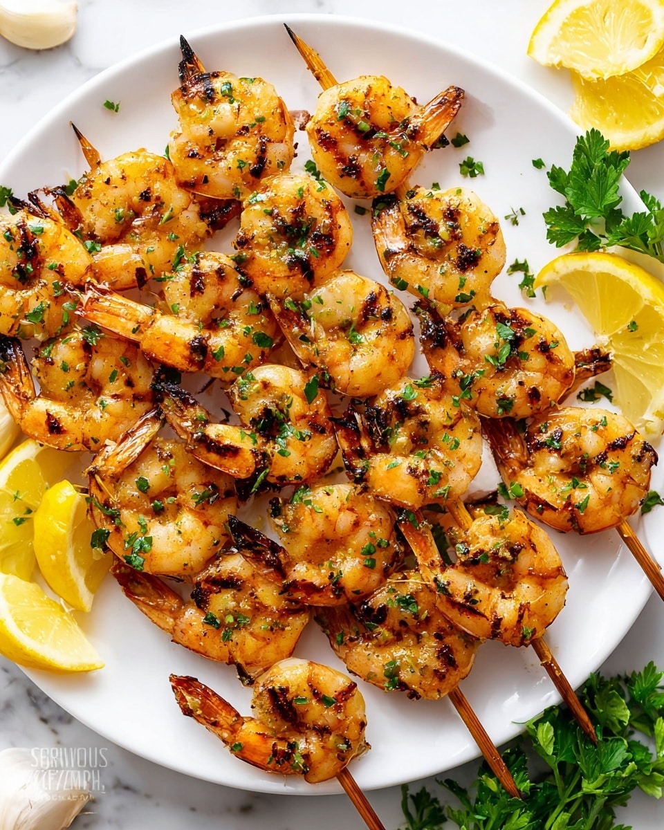 This image shows a white plate filled with about four wooden skewers, each holding around six large grilled shrimp that are pink with char marks and sprinkled with finely chopped green herbs. The shrimp have a slightly glossy texture from the grill. Around the plate, there are bright yellow lemon wedges and a few garlic cloves. A small bunch of fresh green parsley is placed to one side of the plate. The background is a white marbled surface. photo taken with an iphone --ar 4:5 --v 7