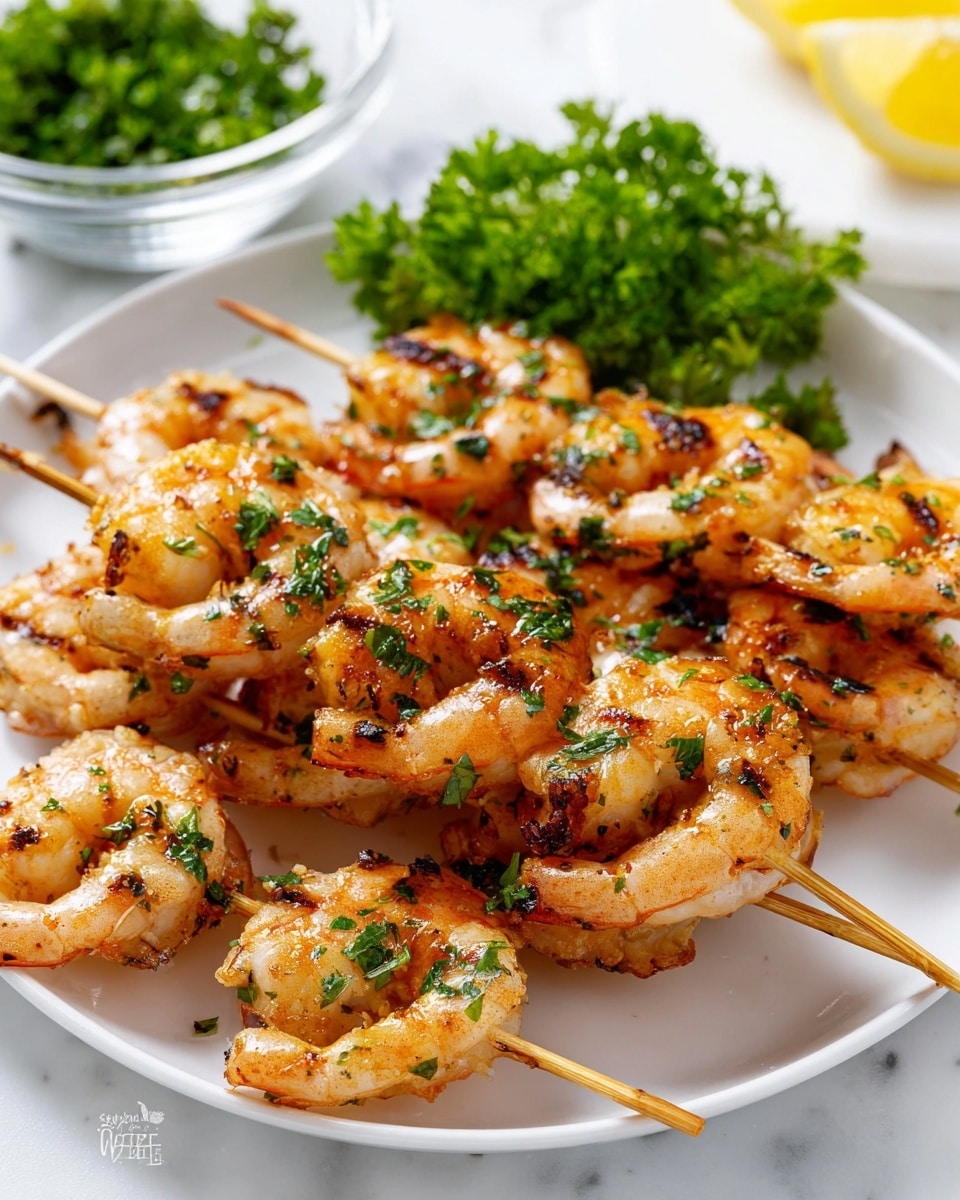A white plate is filled with several wooden skewers holding grilled shrimp. Each skewer has about five shrimp with a pinkish-orange color, showing light char marks and a fresh sprinkle of green herbs on top. The shrimp look juicy and slightly shiny from oil or marinade. In the corner of the plate, there is a small bunch of curly parsley, and in the background, you can see a clear glass bowl filled with more green herbs and a couple of yellow lemon wedges on the side. The whole scene is set on a white marbled surface, giving a clean and fresh look. photo taken with an iphone --ar 4:5 --v 7