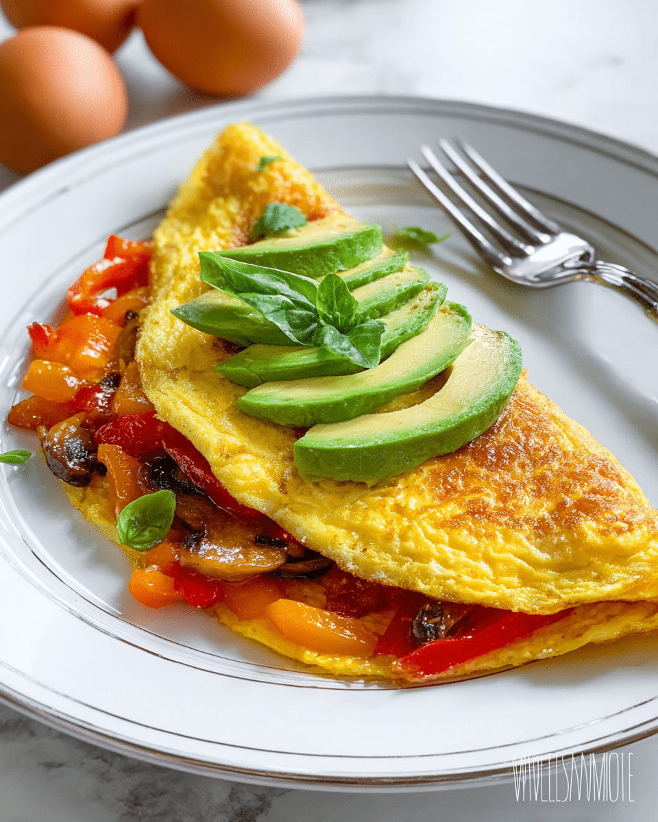 A close-up of a golden-yellow omelette folded in half on a white plate with a thin silver rim, showing a colorful filling of cooked red and orange bell peppers and mushrooms peeking out slightly. On top, there are several thin slices of fresh green avocado layered neatly, with a small sprig of bright green basil leaves as garnish. A silver fork rests on the edge of the plate, and several whole brown eggs are visible in the background against a white marbled surface. photo taken with an iphone --ar 4:5 --v 7