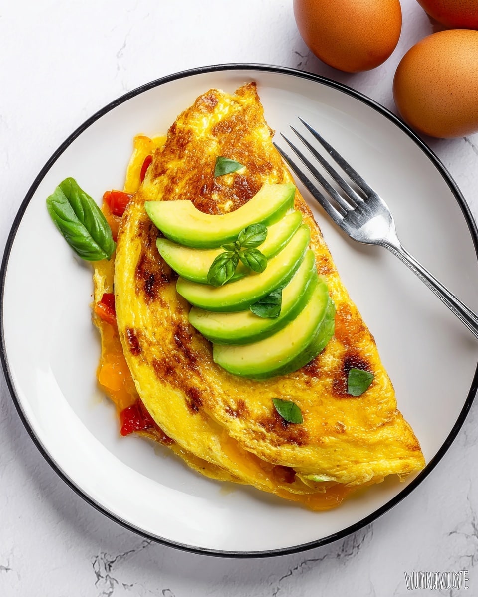 A folded omelette rests on a white plate with a black rim, showing a golden-yellow surface with browned spots, filled with melted orange cheese and pieces of red bell pepper that peek out from under the fold. On top, neatly arranged avocado slices fan across the center in a light green gradient, crowned by a small sprig of fresh green basil leaves. A silver fork lies diagonally on the plate next to the omelette. Several brown eggs sit in the upper right corner on a white marbled texture, complementing the clean and bright setting. Photo taken with an iphone --ar 4:5 --v 7