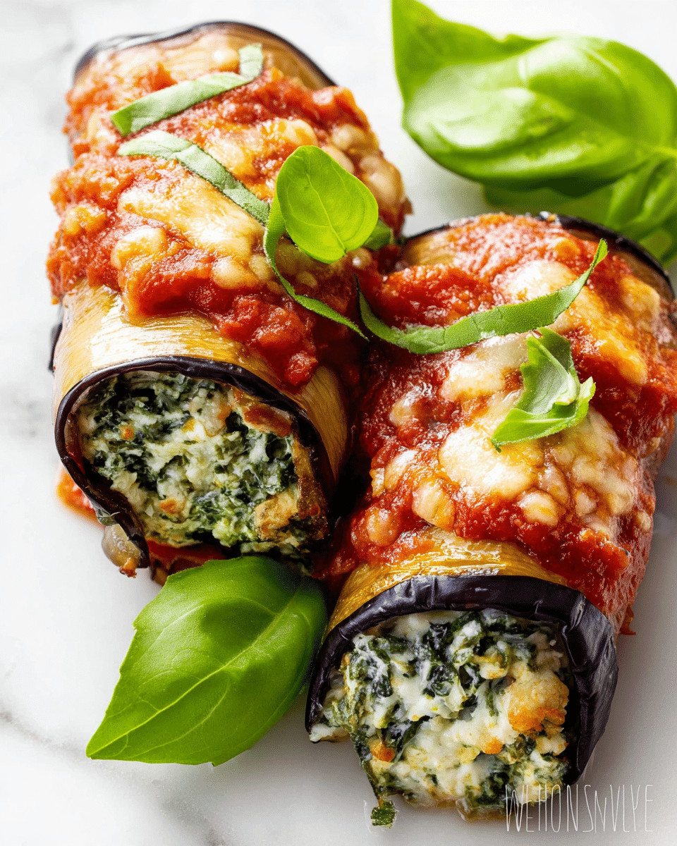 Two rolled eggplant slices filled with a creamy, white ricotta and green spinach mixture are placed side by side on a white marbled surface. The eggplant outer layer is deep purple and slightly shiny. The rolls are topped with a layer of melted, golden-brown mozzarella cheese and bright red tomato sauce, adding a rich texture on top. Fresh, large green basil leaves are placed decoratively on the rolls and around them, adding a vibrant fresh look. Photo taken with an iphone --ar 4:5 --v 7