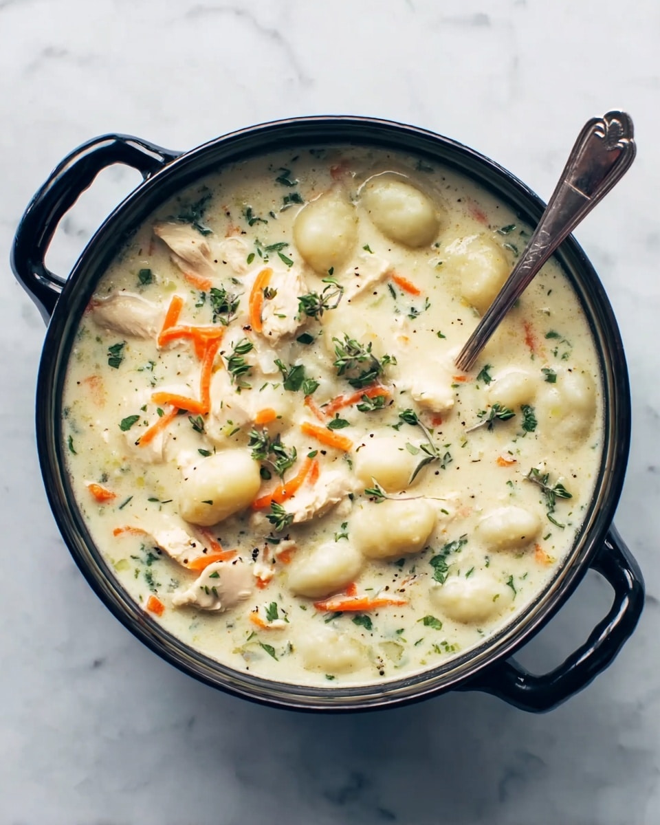 A black bowl with two handles holds a creamy soup filled with plump, white gnocchi scattered throughout. Thin orange carrot strips and small green leafy herbs are mixed within the pale, thick broth. Chunks of white chicken are visible, surrounded by the smooth texture of the soup. A silver spoon rests on the right edge, partly submerged. The bowl sits on a white marbled surface. photo taken with an iphone --ar 4:5 --v 7