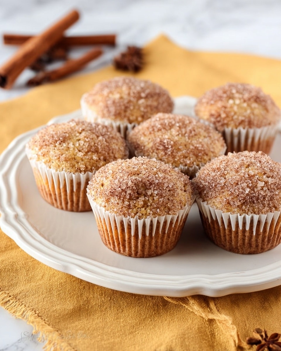 Seven muffins sit on a large white plate with a slightly wavy edge. Each muffin is in a white paper liner with brown-speckled tops that look crumbly and slightly crunchy. The muffins have a light brown color with some sugar crystals sprinkled on top, adding texture. The plate is placed on a mustard-yellow cloth, and the whole scene is set on a white marbled surface. In the background, some cinnamon sticks and cloves are loosely placed, slightly out of focus. photo taken with an iphone --ar 4:5 --v 7