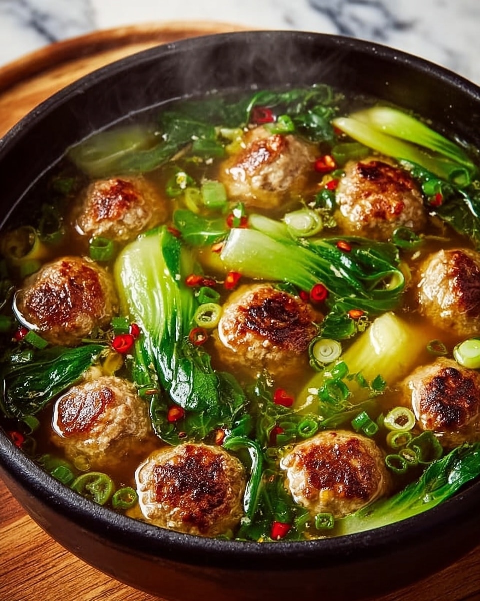 A black bowl filled with clear broth holds around nine golden-brown grilled meatballs floating evenly on top, each ball with a slightly crispy texture. Bright green bok choy leaves and stalks are tucked between the meatballs, adding a fresh look with their leafy and white parts. Scattered slices of green onions and small red chili flakes float, giving specks of color across the broth. The bowl sits on a wooden surface, with steam rising from the hot soup, showing its warmth. The background is a white marbled texture. photo taken with an iphone --ar 4:5 --v 7