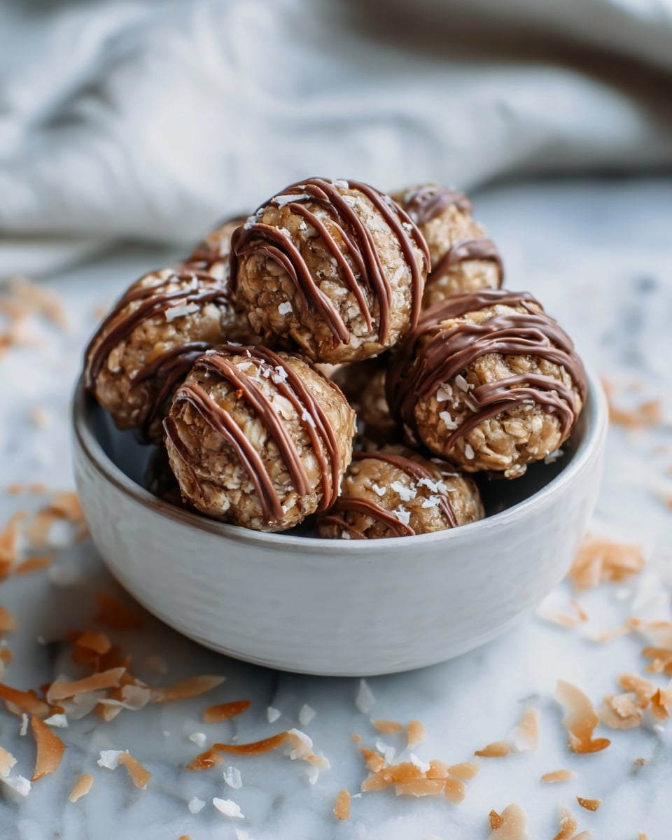 A white bowl filled with seven round energy balls, each coated in light brown oats and seeds, giving a rough texture. The balls are drizzled with smooth milk chocolate in thin lines crossed over the tops. The bowl sits on a white marbled surface that has some scattered white and caramel-colored coconut flakes and syrup around it. The image shows the balls closely from the side, with soft natural light highlighting the shiny chocolate and rough oat texture. photo taken with an iphone --ar 4:5 --v 7
