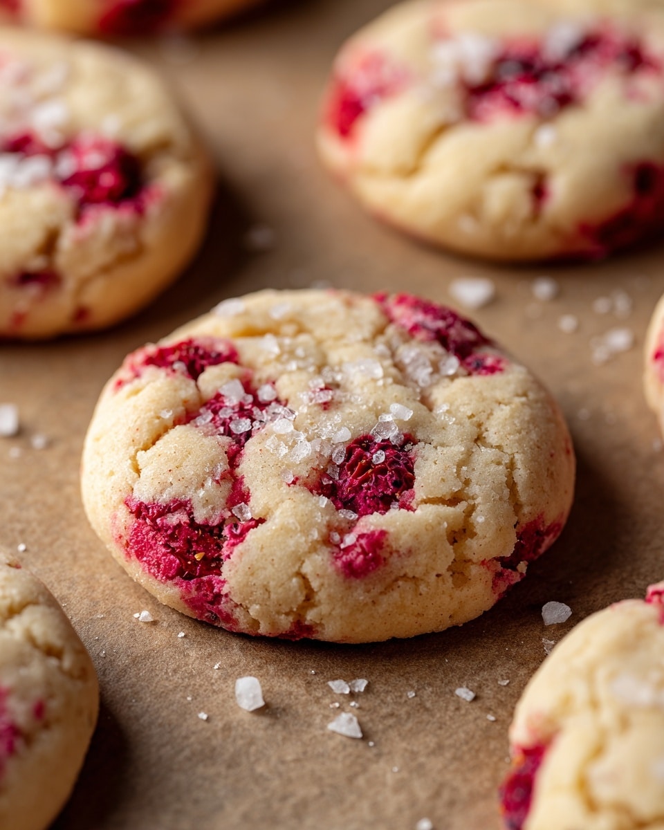 The image shows close-up soft cookies on baking paper with a light brown color and rough texture, each cookie featuring swirls of bright red raspberry bits mixed unevenly throughout the dough. The cookies are round with slightly cracked surfaces and have small clusters of white sprinkled sea salt flakes on top, adding a shiny contrast. The focus is on one cookie in the middle, showing its edges lifted slightly from the brown baking paper beneath. The background has a white marbled texture. photo taken with an iphone --ar 4:5 --v 7